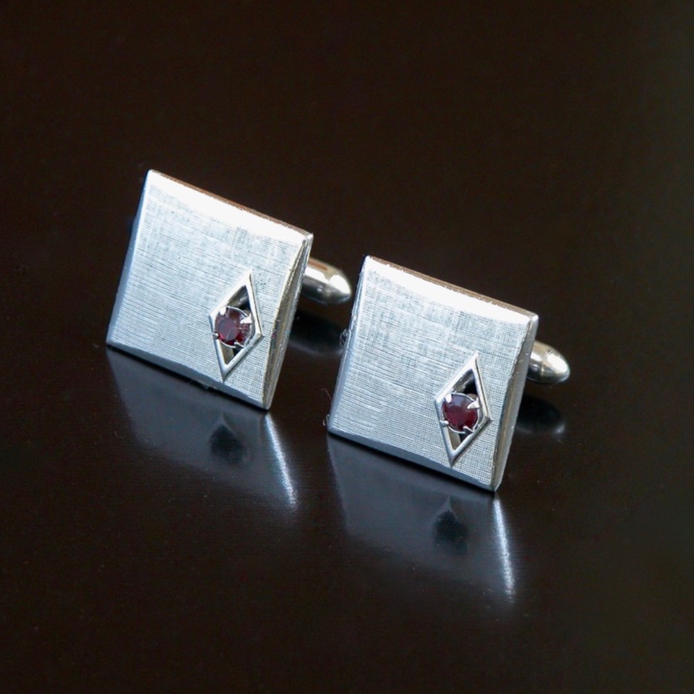 Vtg Modern Red Jeweled Swank Cufflinks Silver Tone